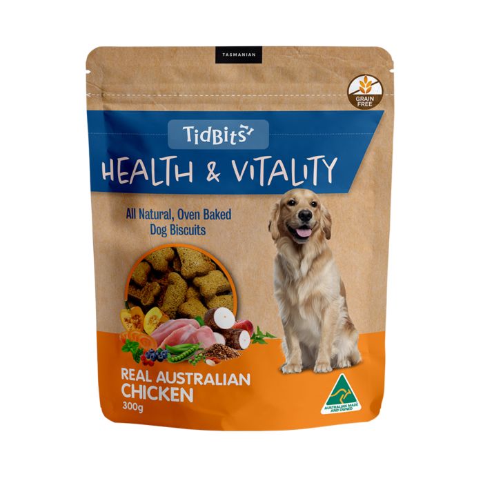 Tidbits Health & Vitality Grain Free Chicken Dog Biscuits - 350g | PeekAPaw Pet Supplies