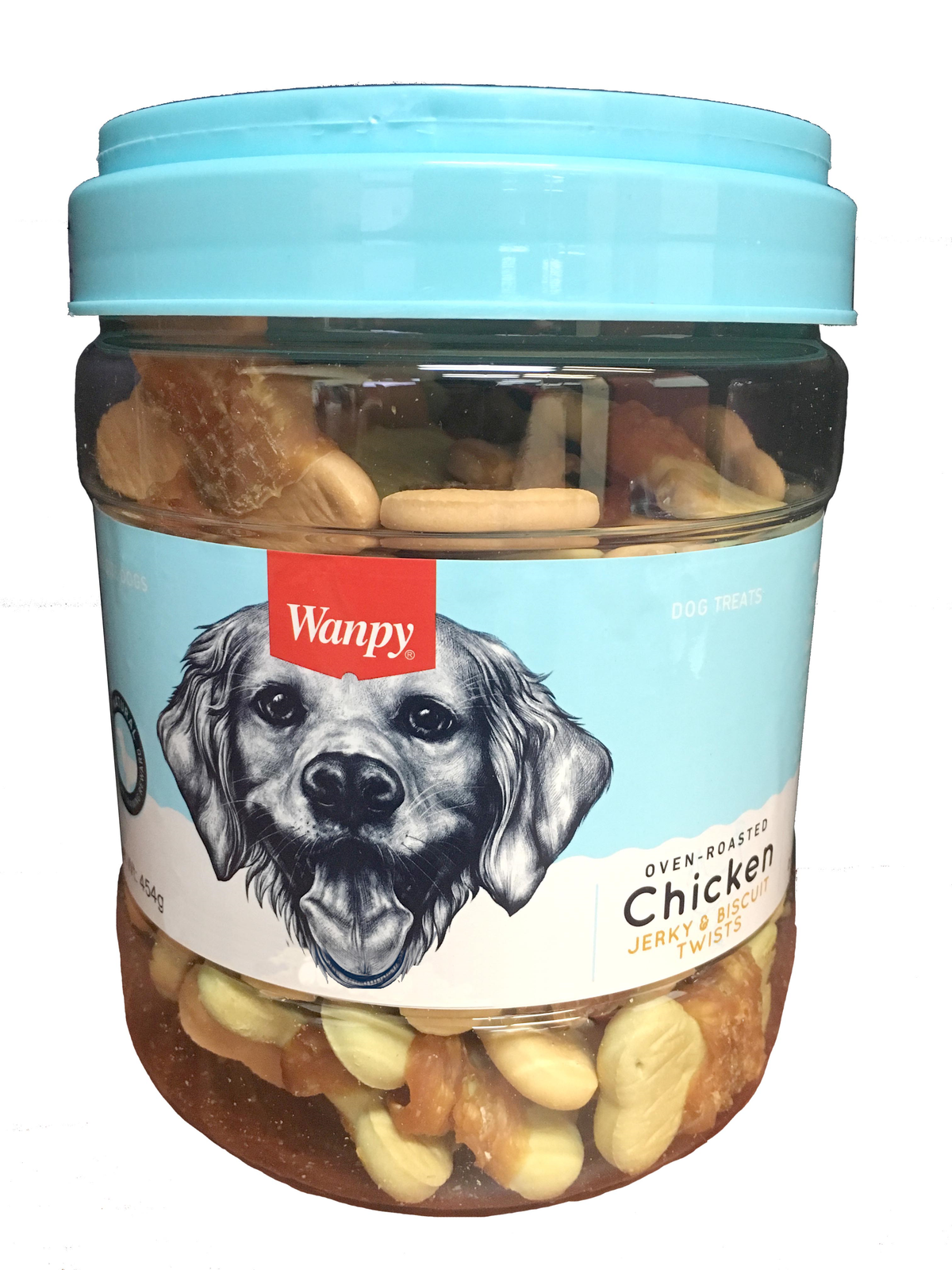 Wanpy Oven-Roasted Chicken Jerky & Biscuit Twists 454g jar – front