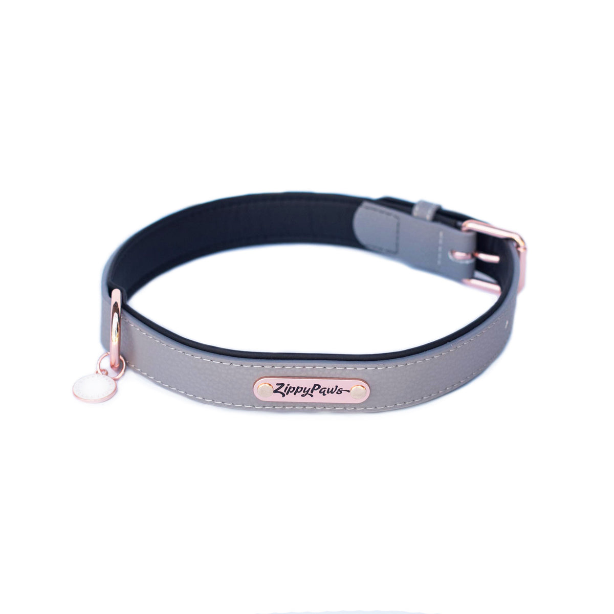 Zippy Paws Slate Leather Dog Collar Medium, showing the buckle and D-ring