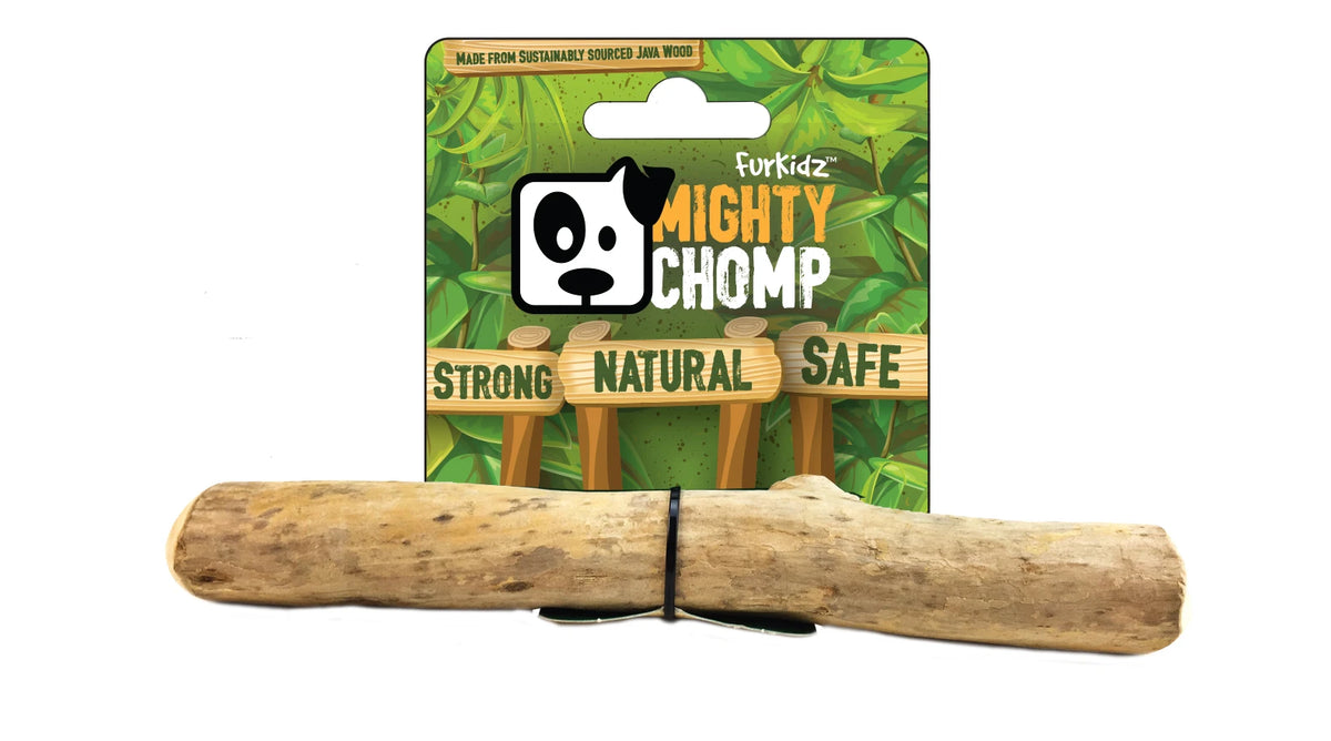 FurKidz Mighty Chomp java wood dog chew, a slim natural branch banded with its green retail card