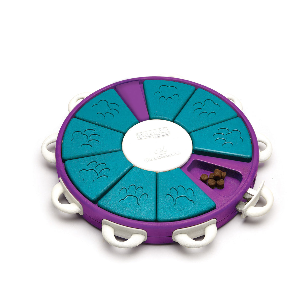 Nina Ottosson Dog Twister Level 3 puzzle, purple board with teal rotating segments and bone pegs