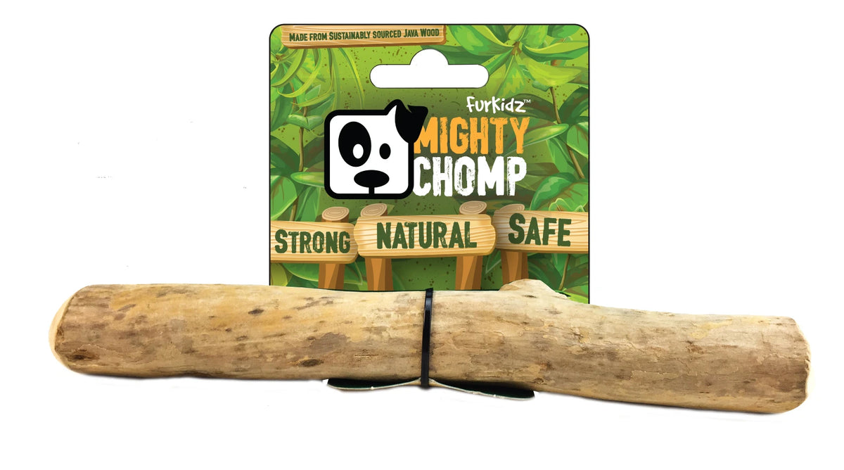 FurKidz Mighty Chomp java wood dog chew, a long straight branch banded with the Mighty Chomp card