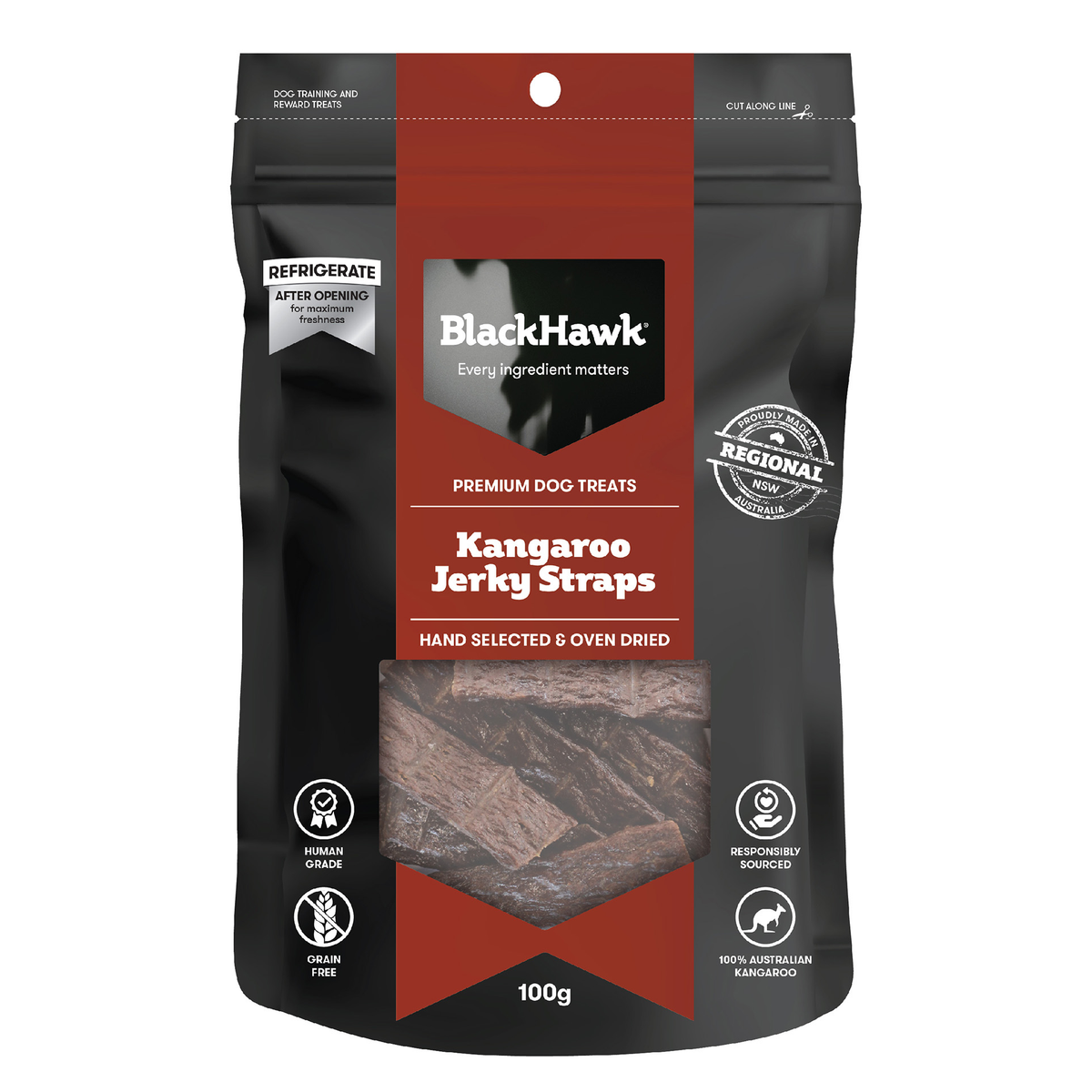 Black Hawk Kangaroo Jerky Straps dog treats, 100g – front of pack