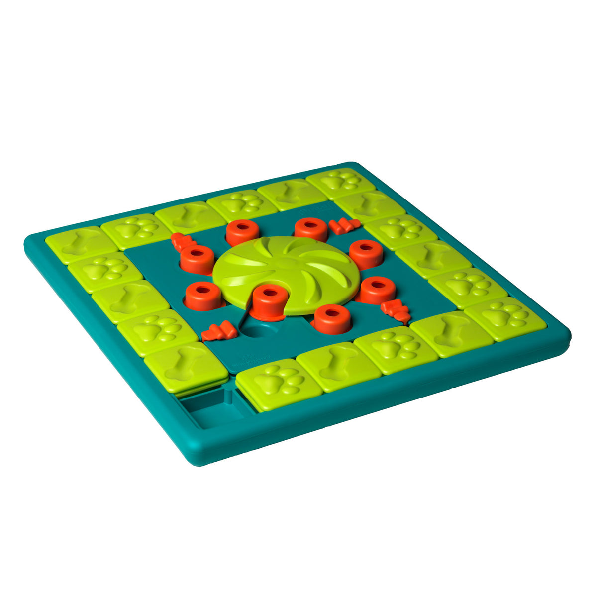 Nina Ottosson Multipuzzle Level 4 dog puzzle, green and teal board with red pegs in a rosette layout