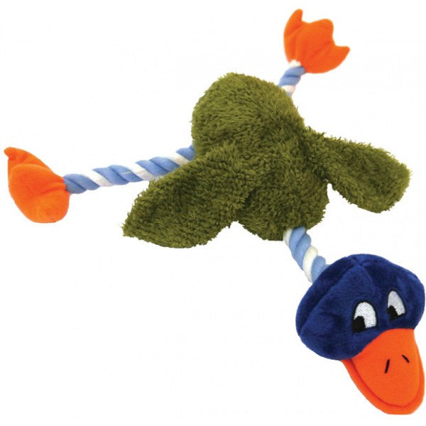 Rosewood Delia Duck green plush dog toy with rope legs – front view