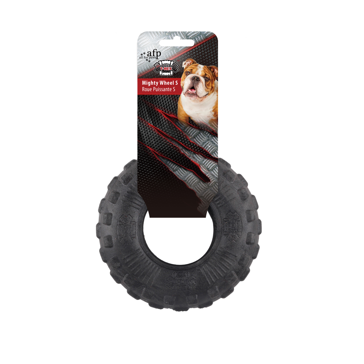All for Paws AFP Mighty Wheel S black rubber tyre dog toy on its printed header card