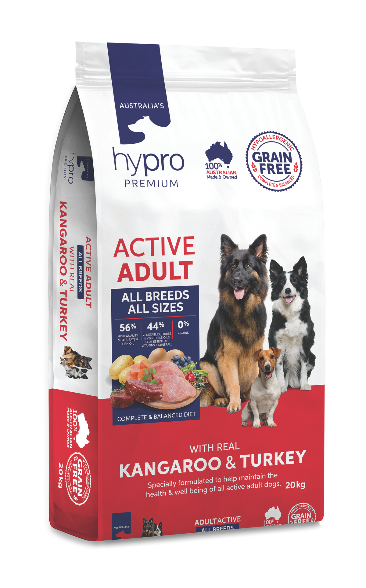 Front of the 20kg Hypro Premium Grain Free Kangaroo & Turkey Active Adult dog food bag, with two working dogs