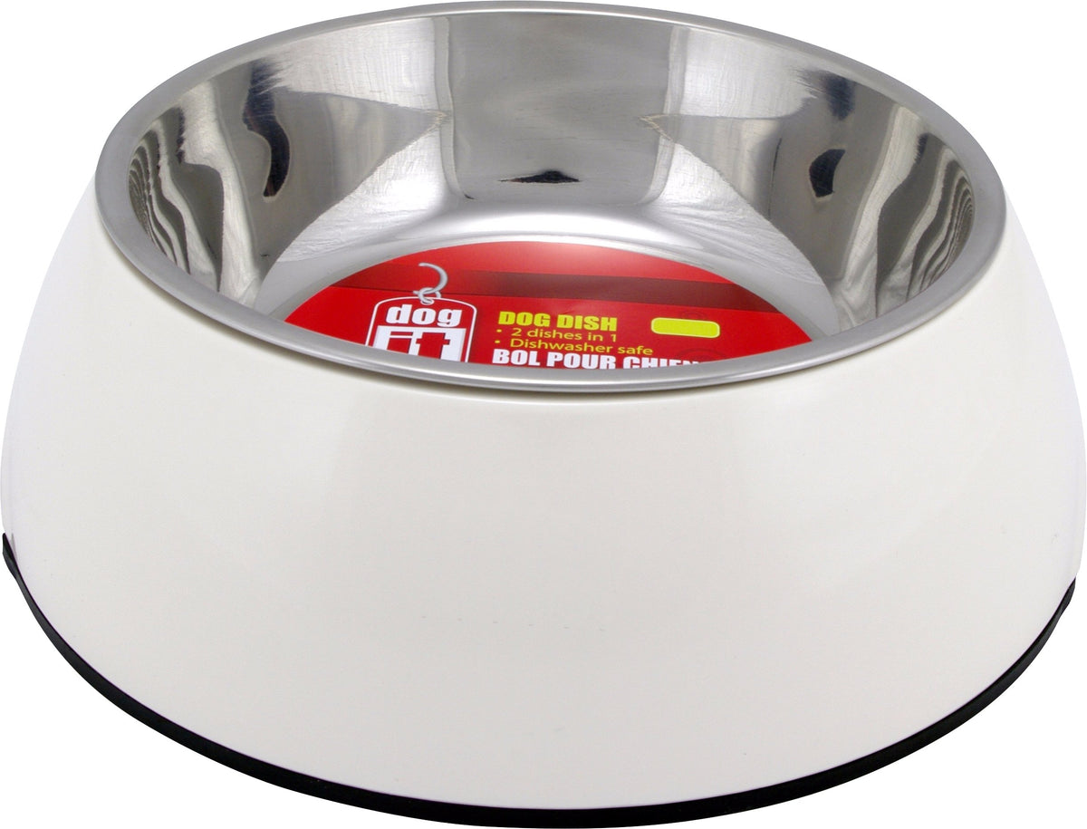 Stainless steel bowl in a white melamine base