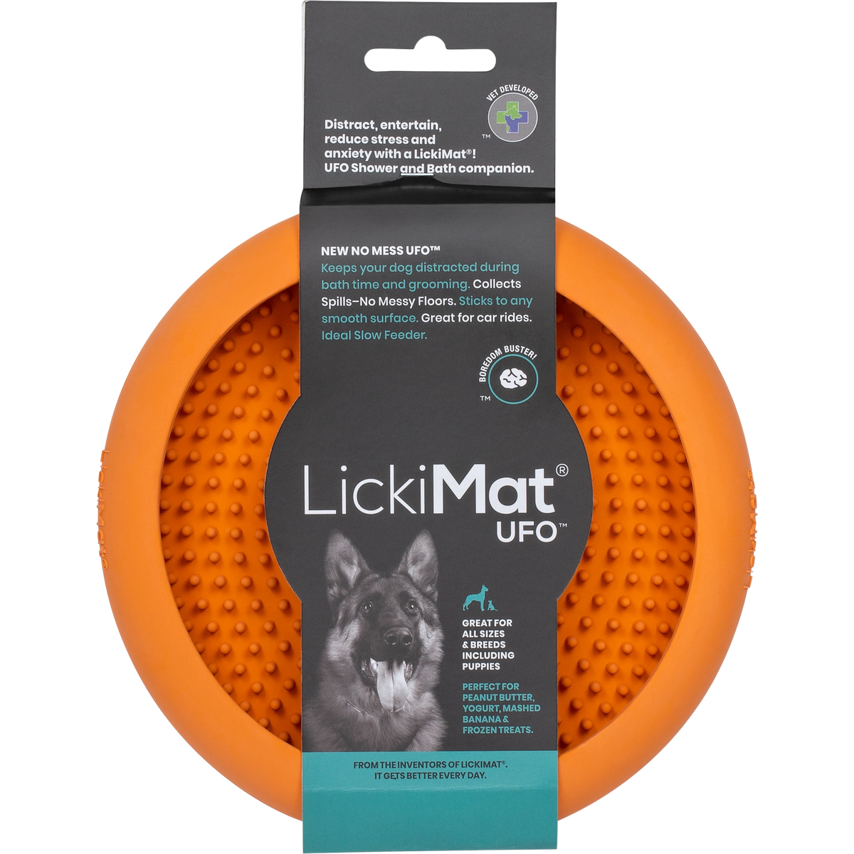 Orange LickiMat UFO suction lick bowl in its card with a dog photo