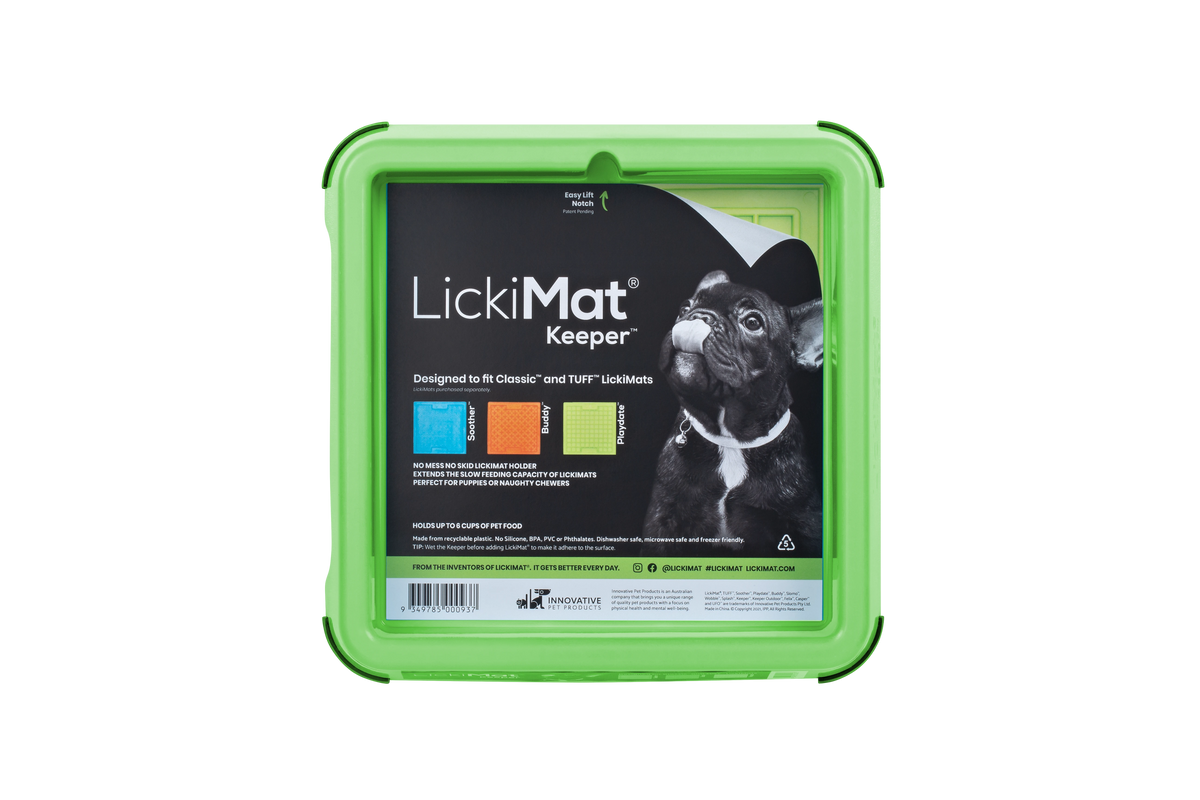Green LickiMat Keeper mat holder in its retail label, fits Classic and TUFF LickiMats
