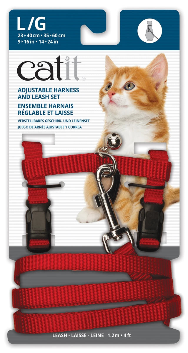 Catit nylon adjustable cat harness and lead set, large in red