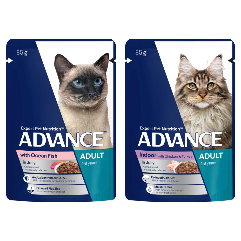 ADVANCE Adult Wet Cat Food Ocean Fish/ Indoor Chicken & Turkey In Jelly 12x85g Pouches 08