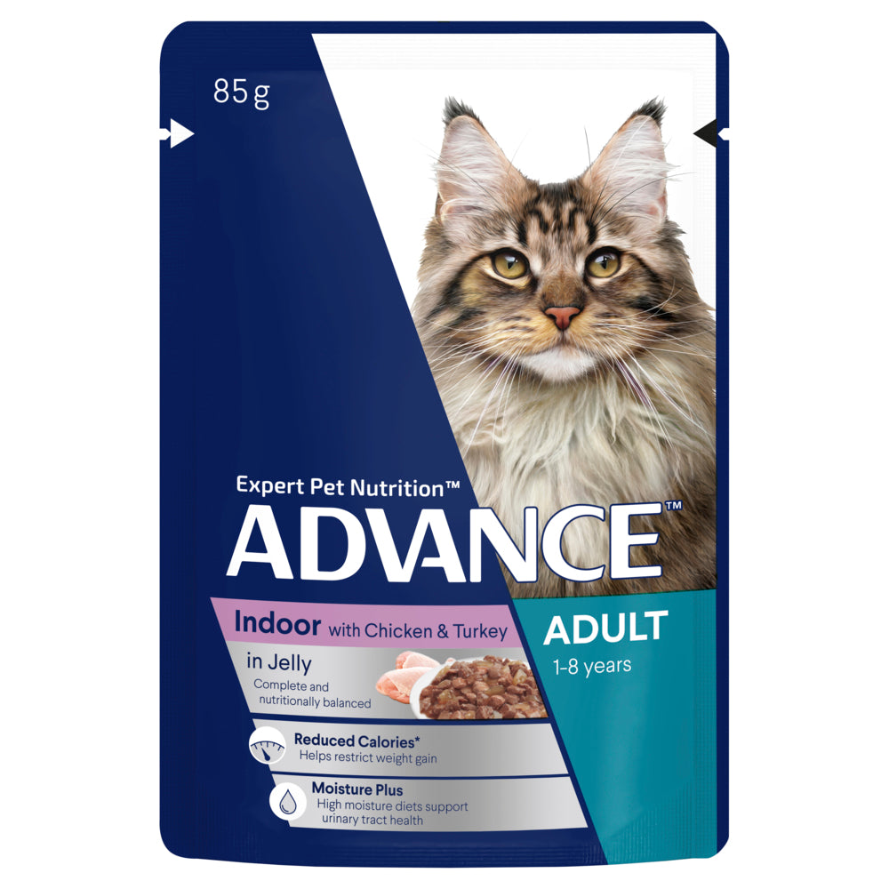 ADVANCE Indoor Adult Wet Cat Food Chicken & Turkey In Jelly 12x85g Pouches 08