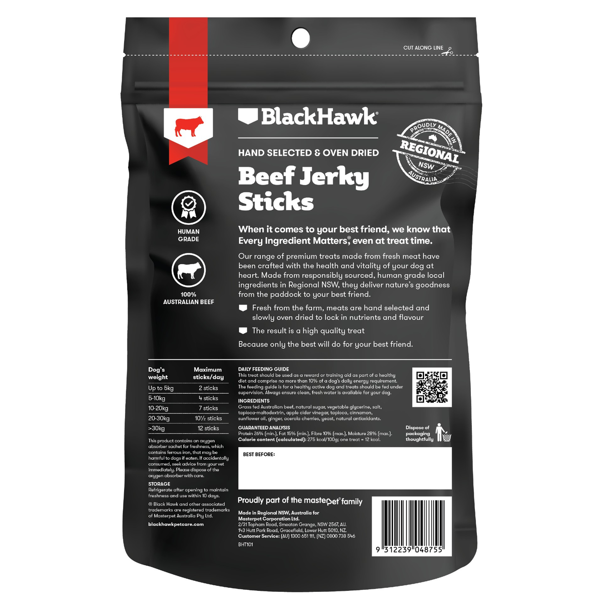 Black Hawk Beef Jerky Sticks dog treats – back of pack with feeding guide and ingredients
