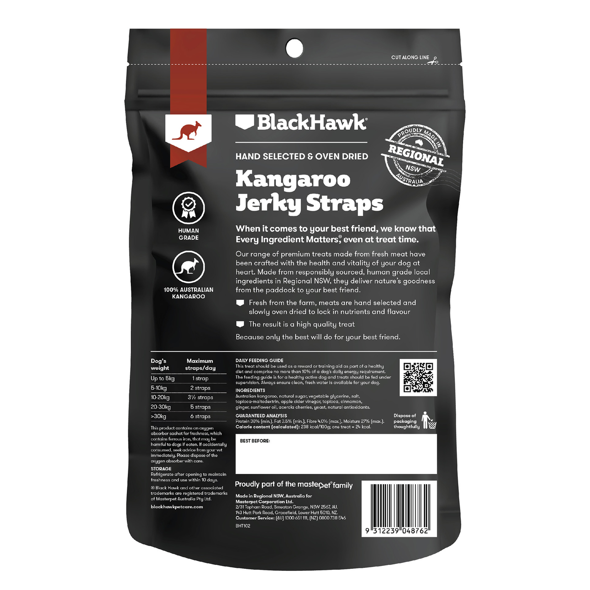 Black Hawk Kangaroo Jerky Straps dog treats – back of pack with feeding guide and ingredients
