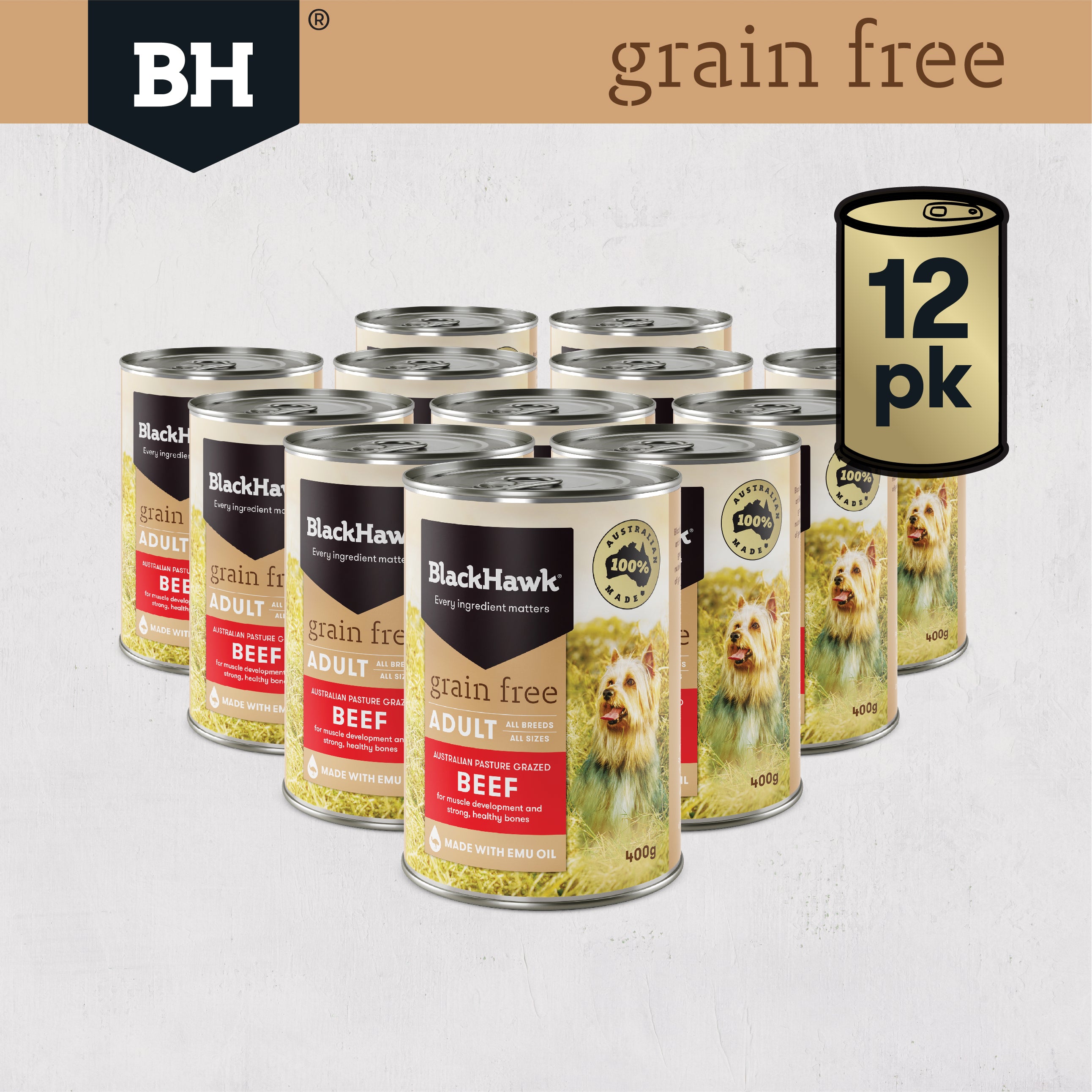 Black Hawk Wet Dog Food Tin Grain Free Beef 400g x 12