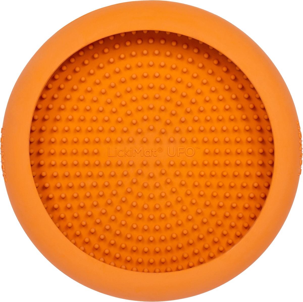 Orange LickiMat UFO seen from above, nubbed licking face inside a raised rim