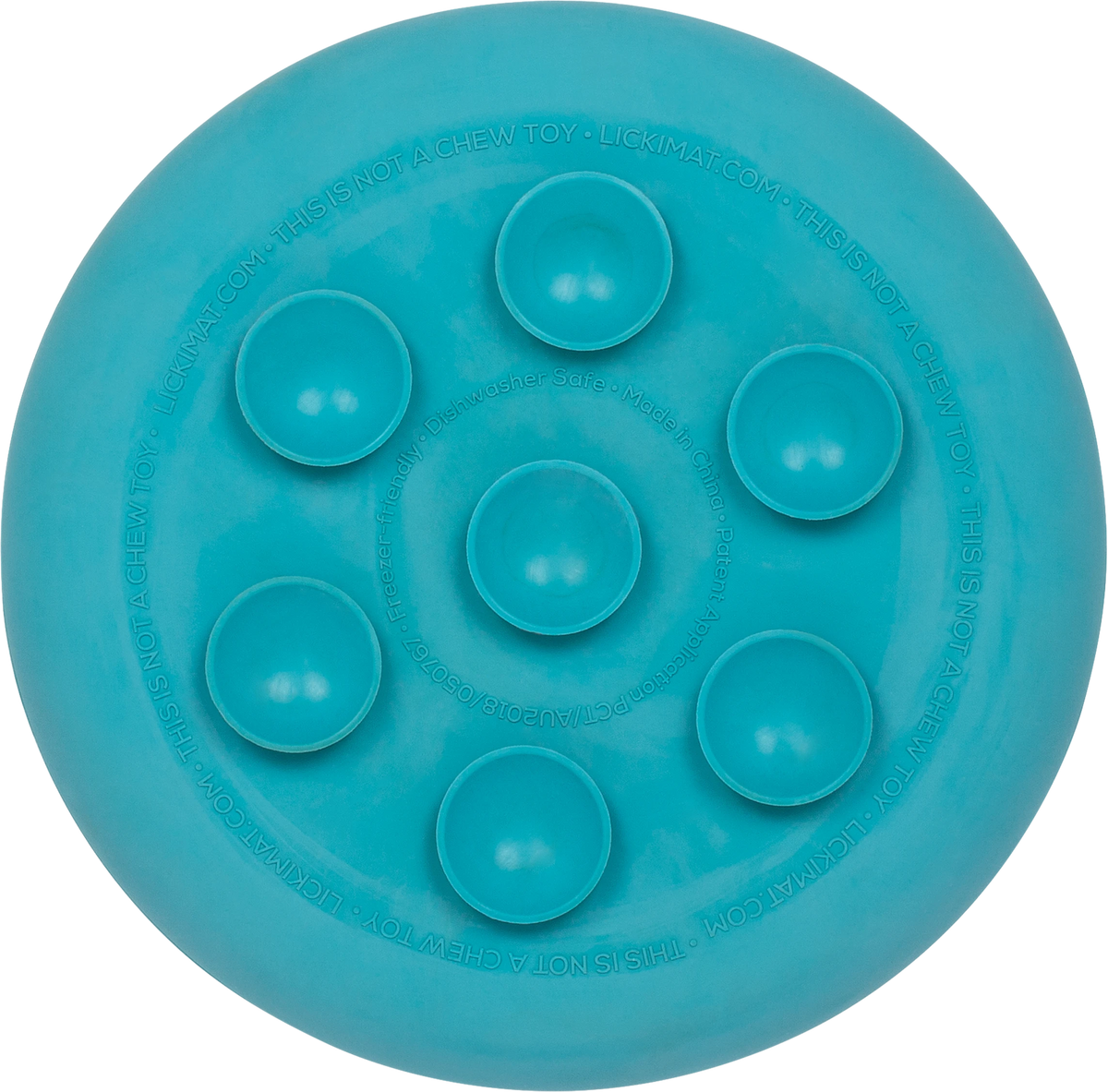 Back of the turquoise LickiMat UFO, showing its six suction domes