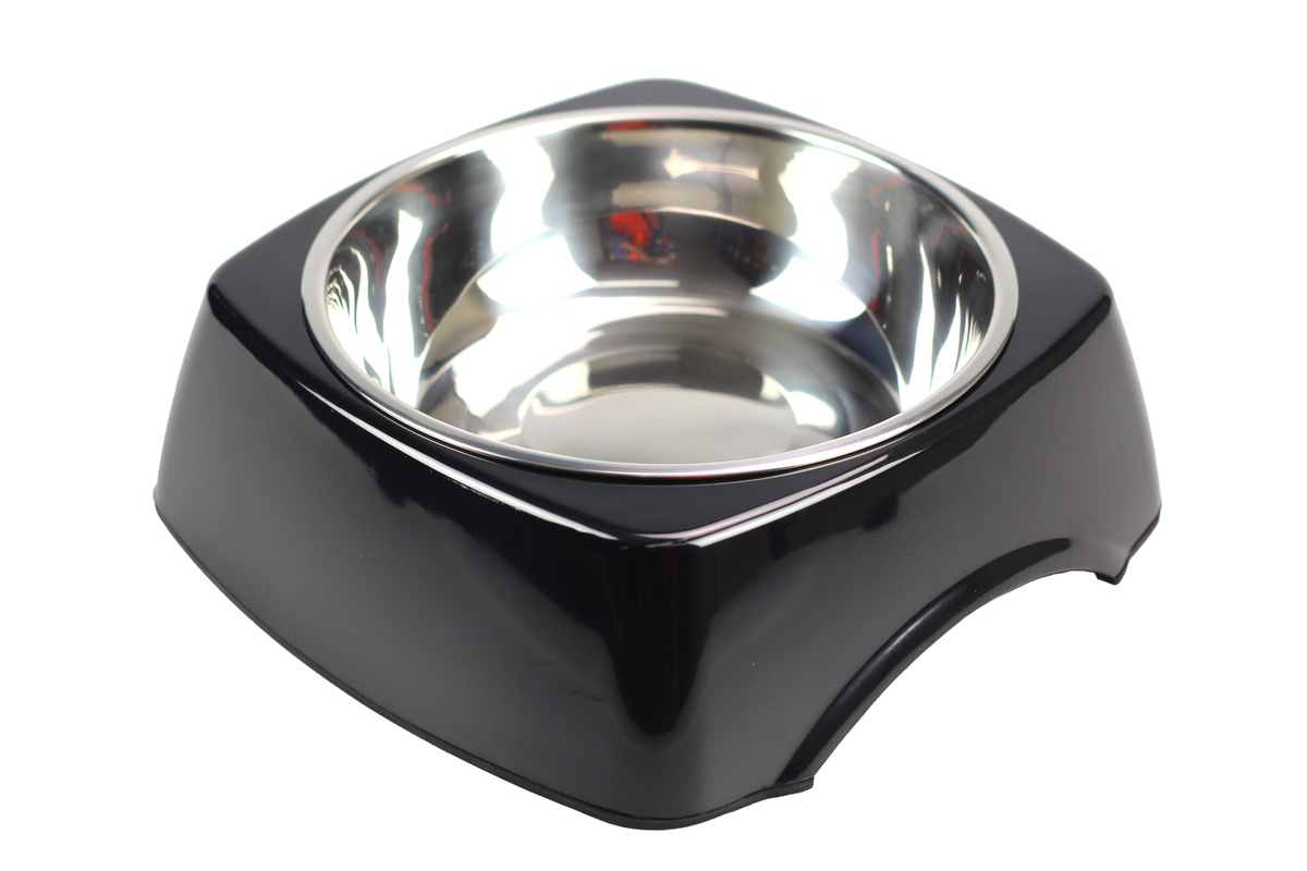 Stainless steel bowl in a black square-based melamine bowl