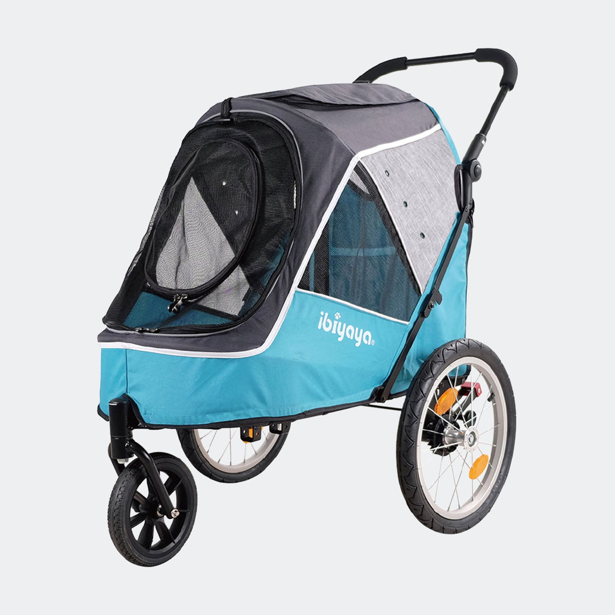 Ibiyaya Happy Pet Tri-cycle trailer jogger in blue, side view with its large spoked wheel