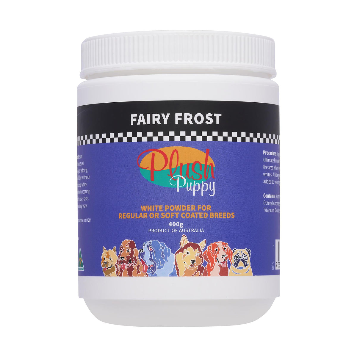 Plush Puppy Fairy Frost Coat Whitening Powder 400g – front of tub