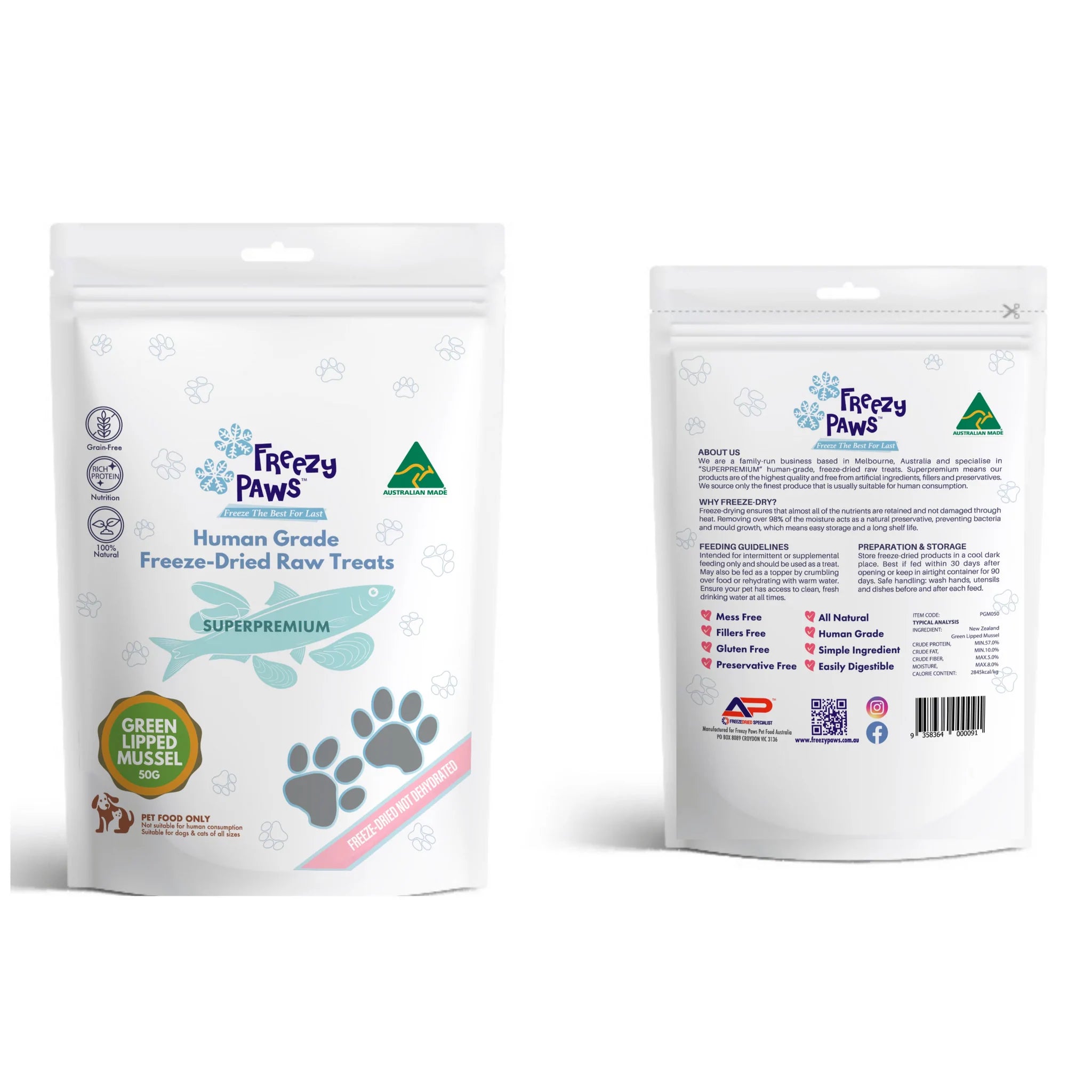 Freezy Paws Freeze Dried Green Lipped Mussels Treats 50g | PeekAPaw Pet Supplies