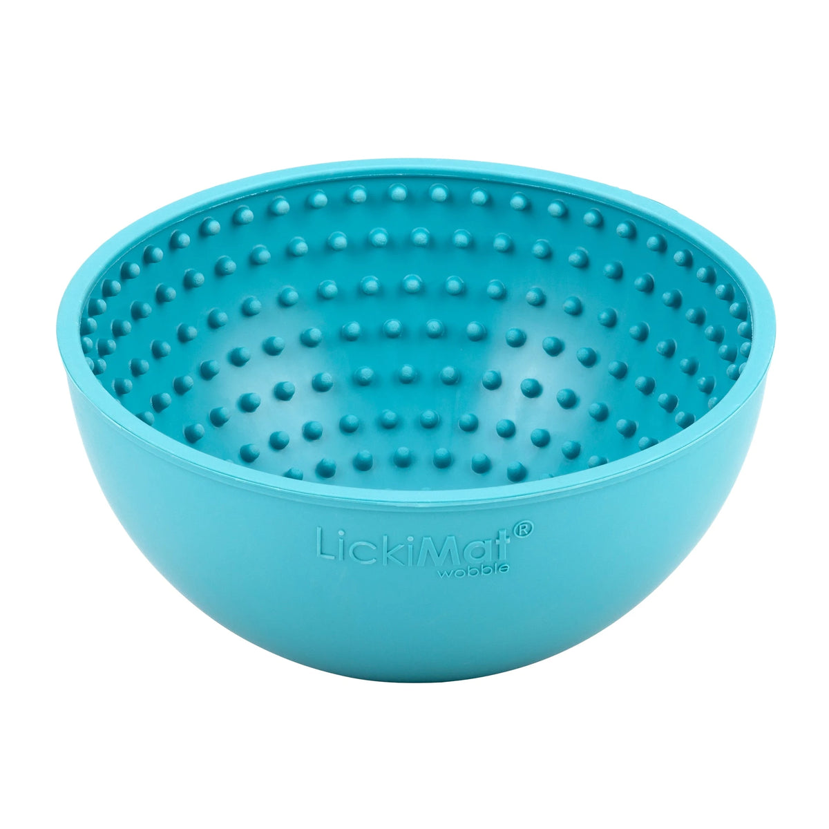 Turquoise LickiMat Wobble treat bowl, round-bottomed with a nubbed inner surface