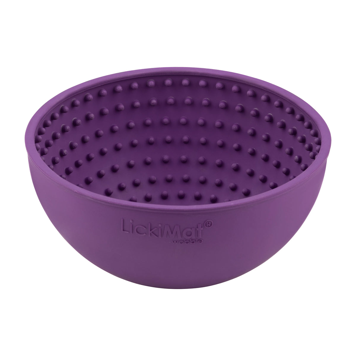 Purple LickiMat Wobble treat bowl, round-bottomed with a nubbed inner surface