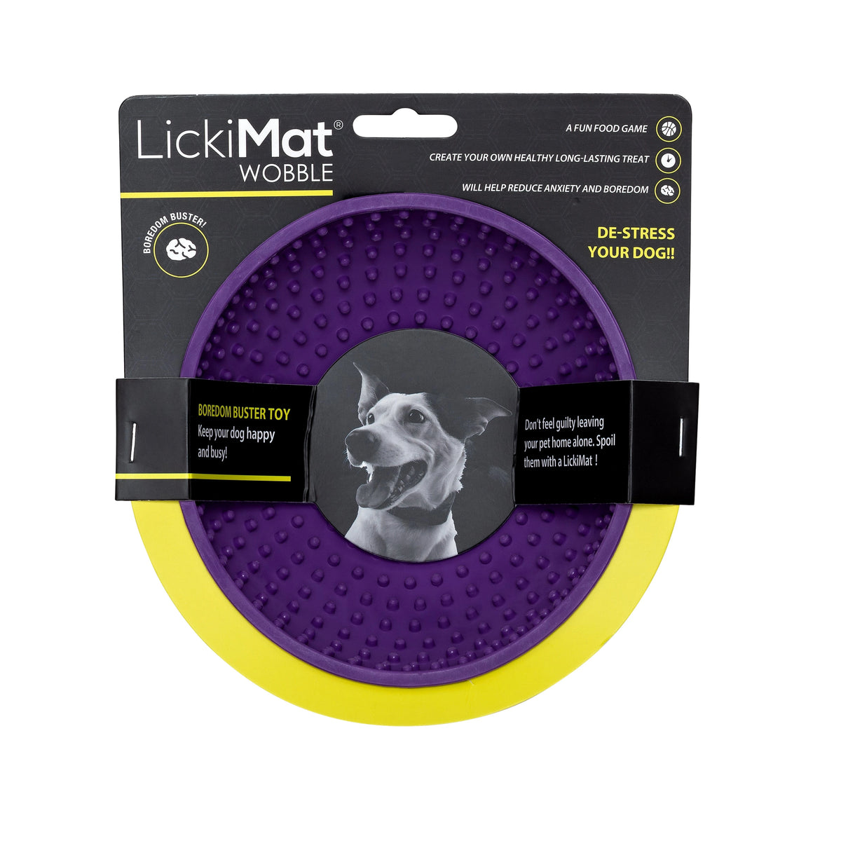 Purple LickiMat Wobble treat bowl in its card, a fun food game for dogs