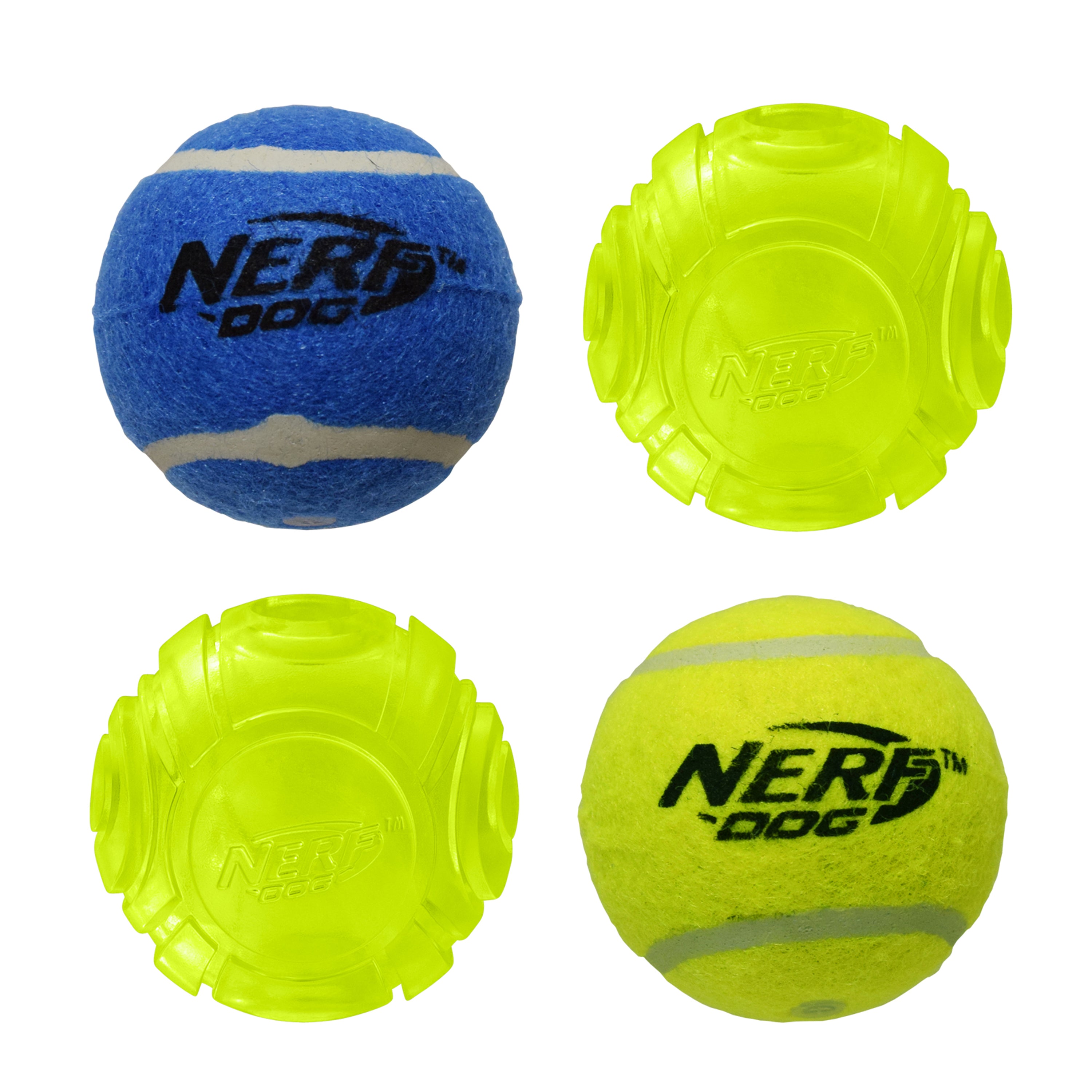 Nerf Dog Toy - 4 Ball Pack - 2 x Squeak Tennis Balls / 2 x TPR Lightning LED Balls 6.25cm 03