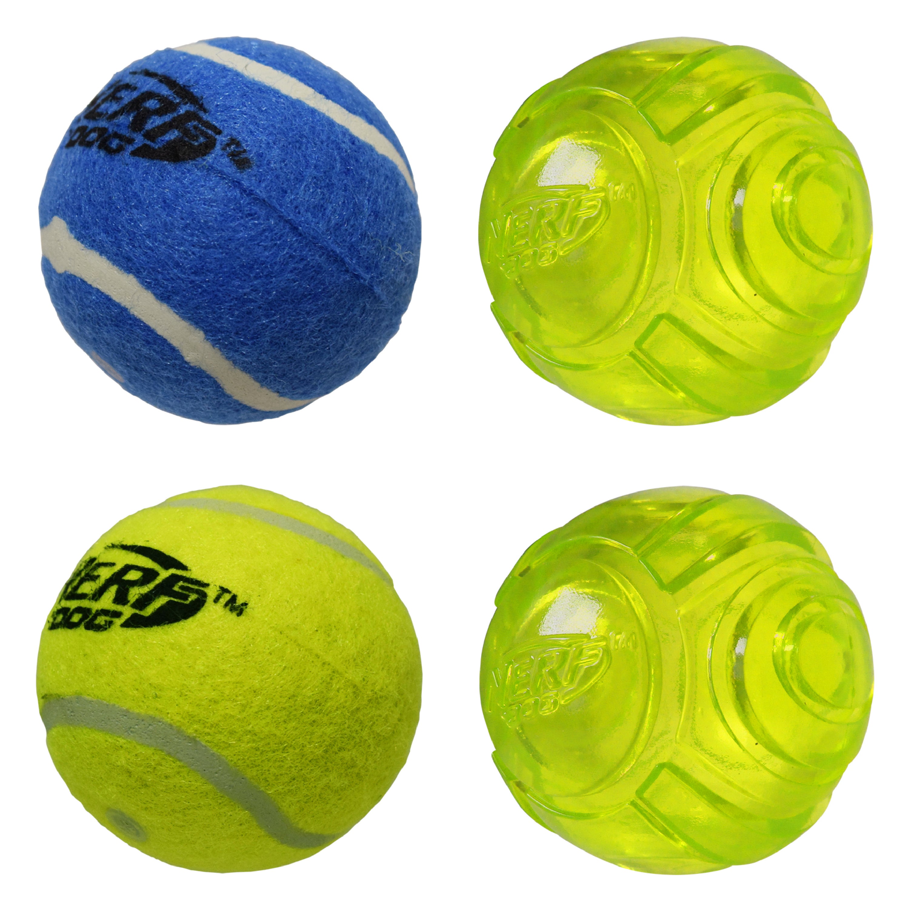 Nerf Dog Toy - 4 Ball Pack - 2 x Squeak Tennis Balls / 2 x TPR Lightning LED Balls 6.25cm 04