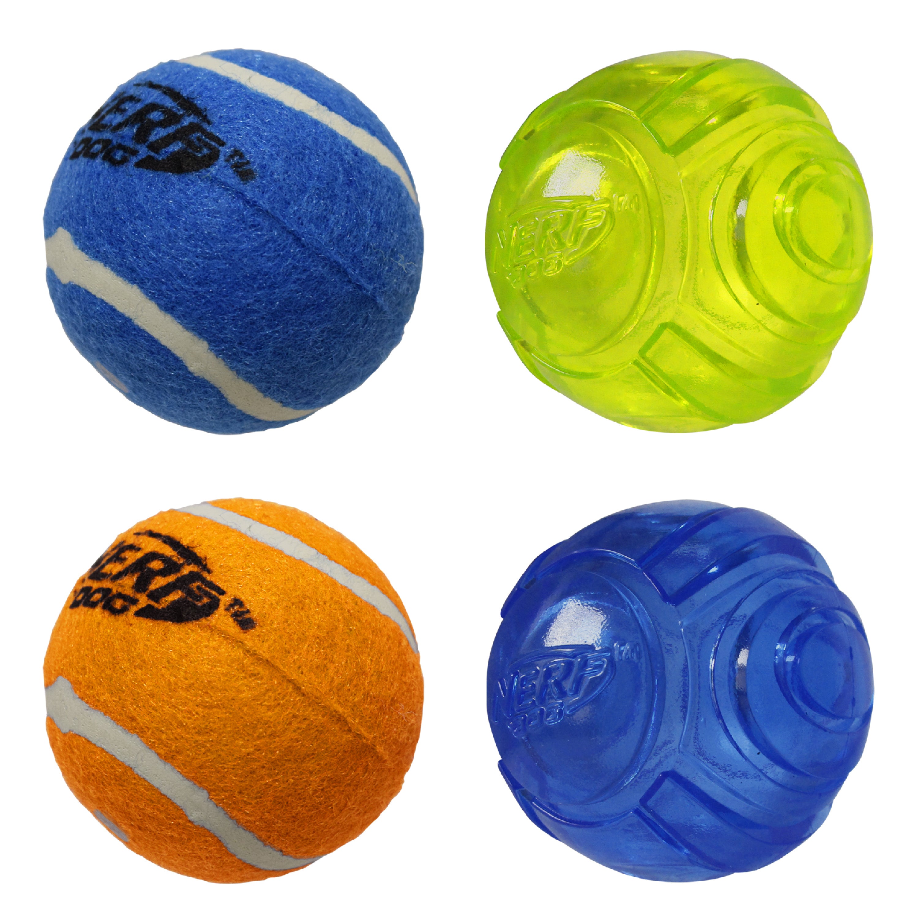 Nerf Dog Toy - 4 Ball Pack - 2 x Squeak Tennis Balls / 2 x TPR Lightning LED Balls 5cm 04