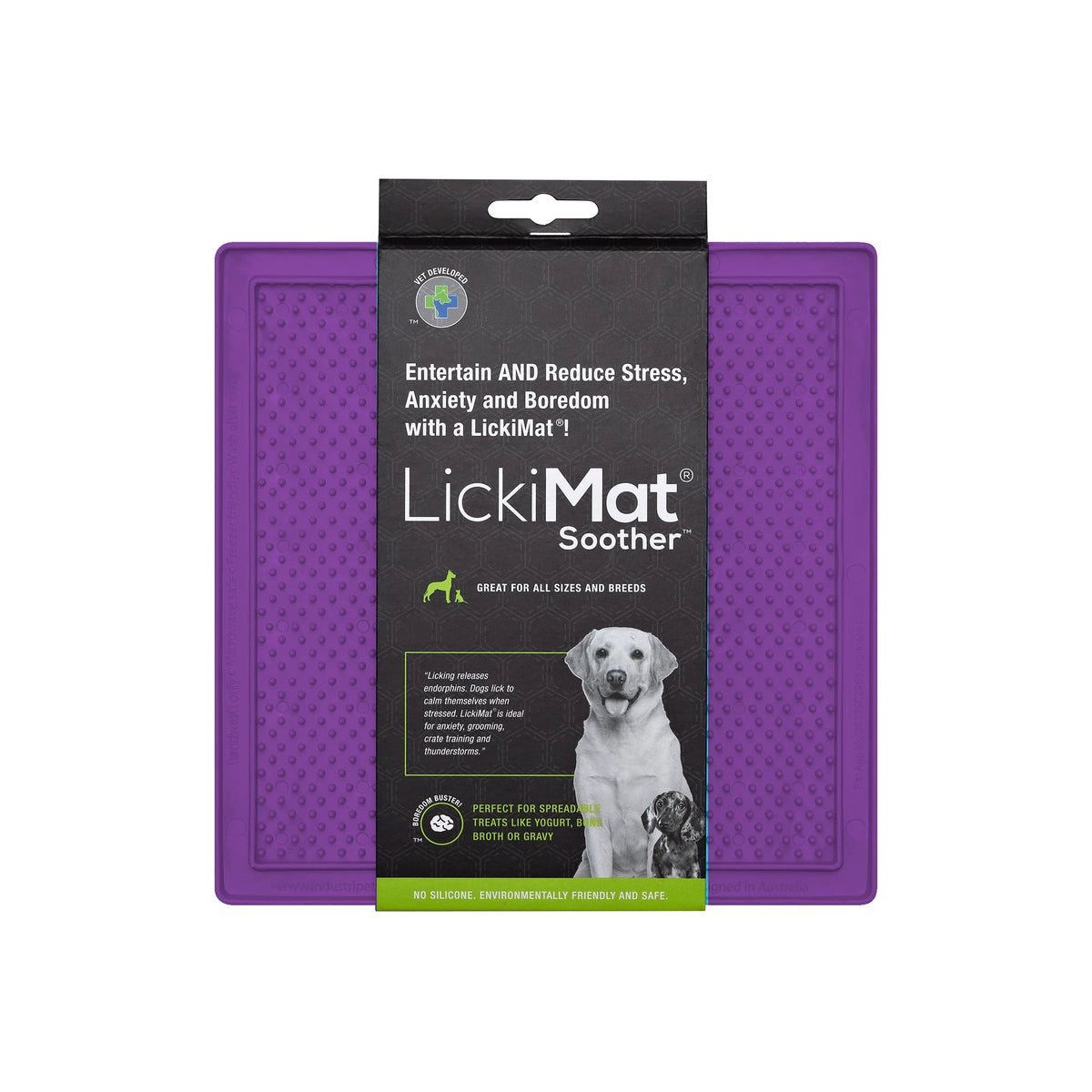 Purple LickiMat Soother dog lick mat in its retail card with a dog photo