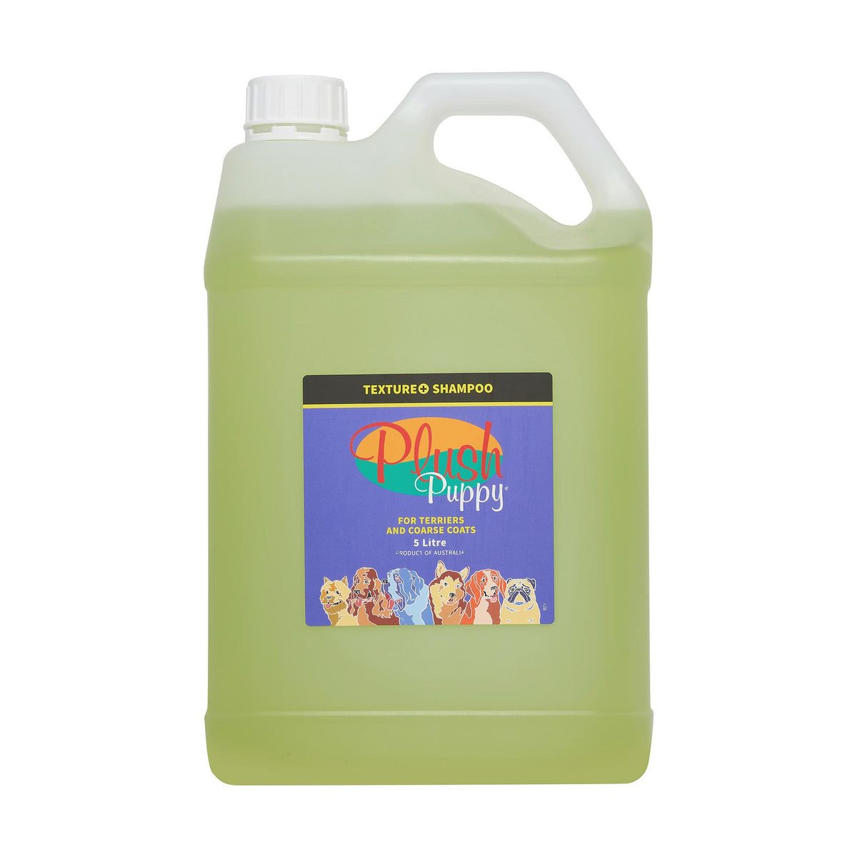 Plush Puppy Texture+ Shampoo for Terriers & Coarse Coats 5 Litre – front of jerry can