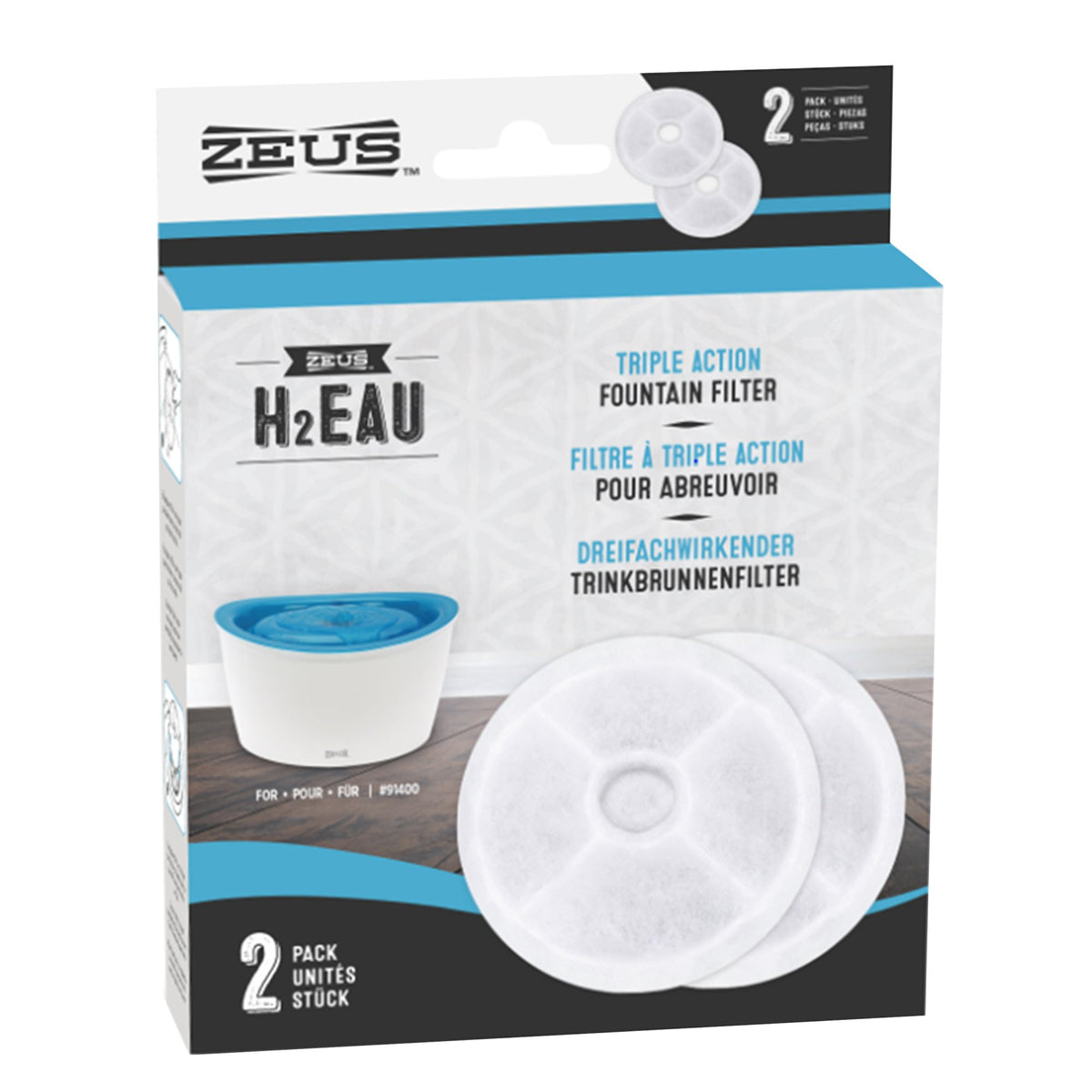 Zeus Triple Action Dog Drinking Fountain Filters 2 pack box with one filter shown beside it