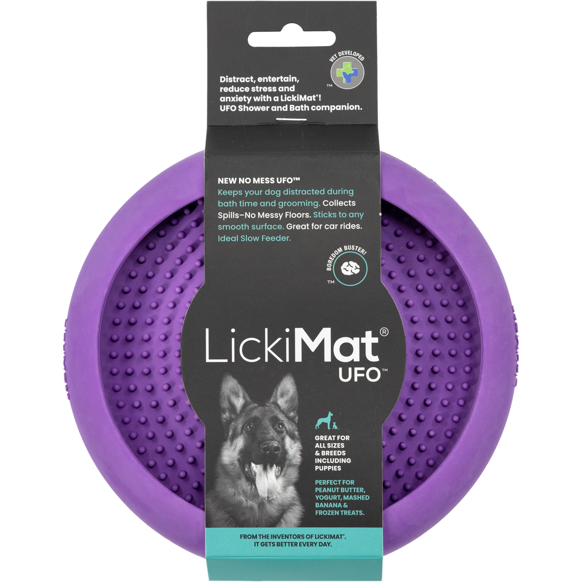 Purple LickiMat UFO suction lick bowl in its card with a dog photo