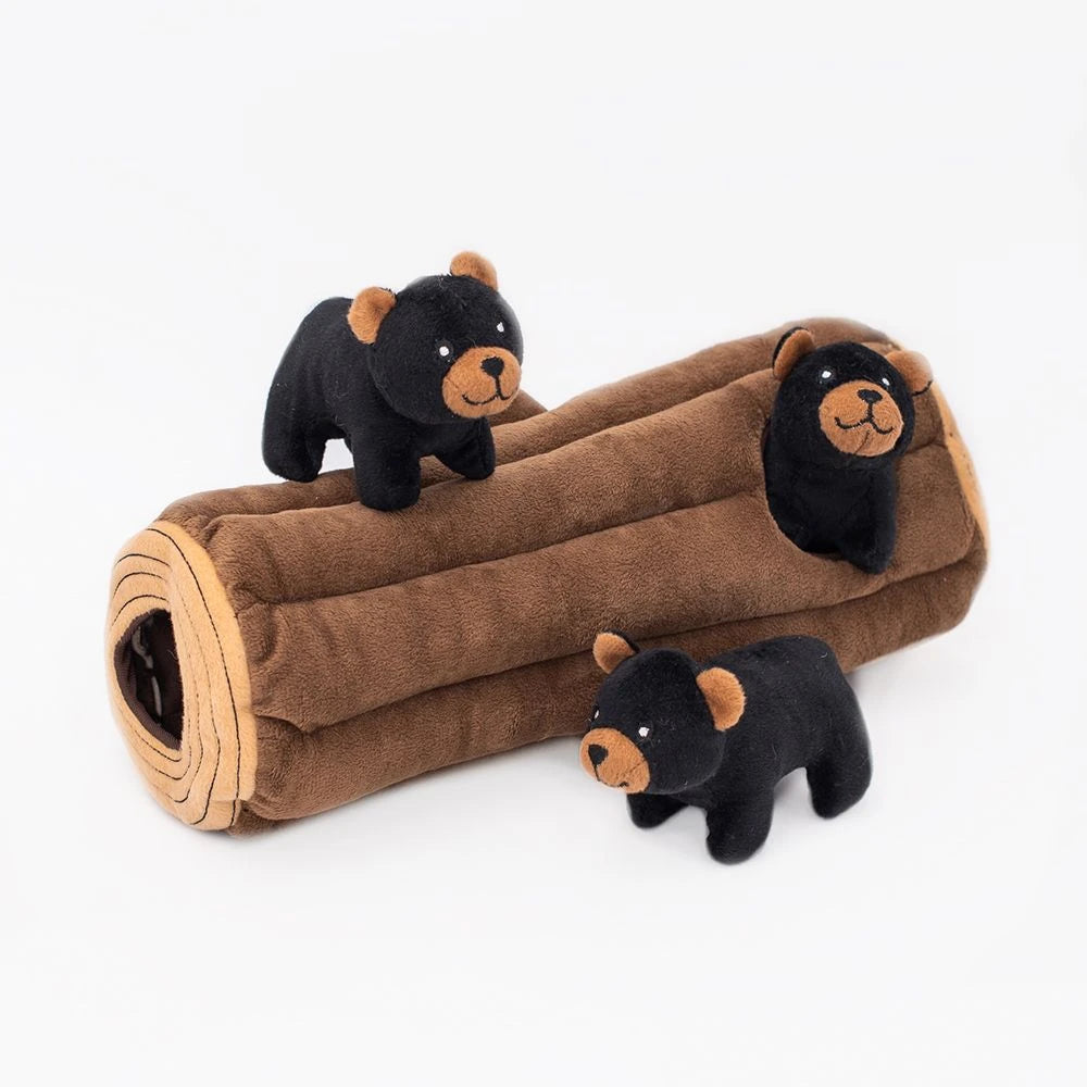 Zippy Paws Burrow black bear log dog toy with its squeaky bears at the opening