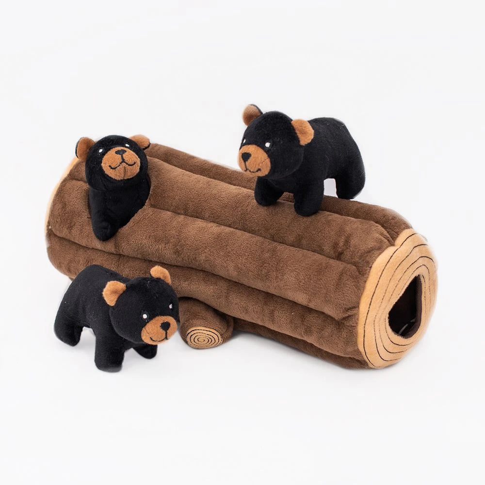 Zippy Paws Burrow plush dog toy: a brown log with three squeaky black bears