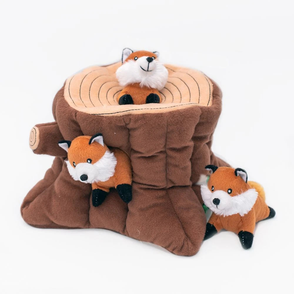 Zippy Paws Burrow fox stump dog toy with squeaky foxes popping out of the holes