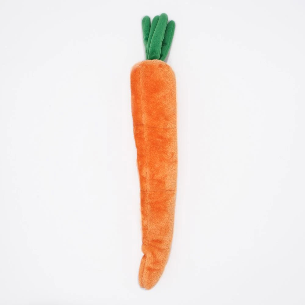 Zippy Paws Jigglerz plush carrot dog toy, plain reverse side, on a white background