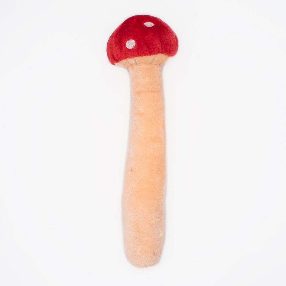 Zippy Paws Jigglerz plush mushroom dog toy, plain reverse side, on a white background