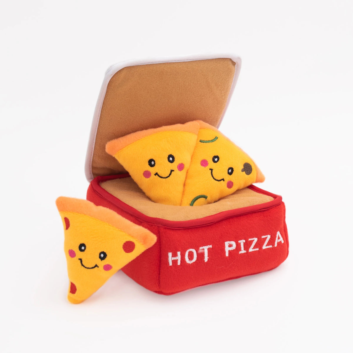 Zippy Paws Burrow plush dog toy: a Hot Pizza box with squeaky pizza slices