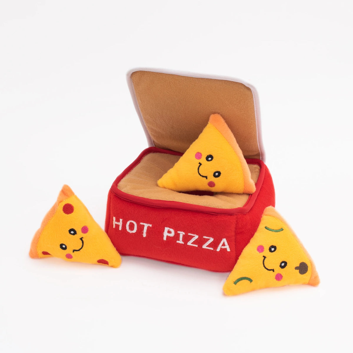 Zippy Paws Burrow pizza box dog toy with its squeaky pizza slices beside it