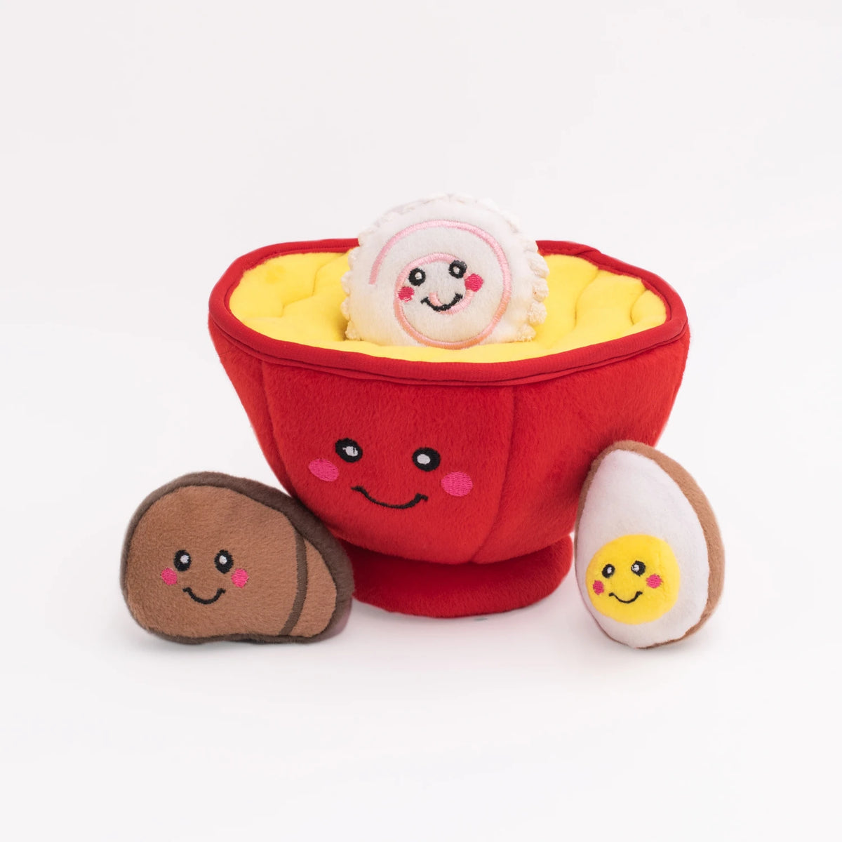Zippy Paws Burrow plush dog toy: a ramen bowl with squeaky noodles, egg and meat