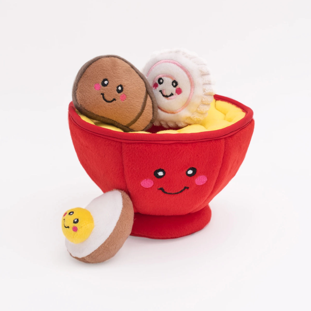 Zippy Paws Burrow ramen bowl dog toy with its squeaky egg, meat and fishcake pieces