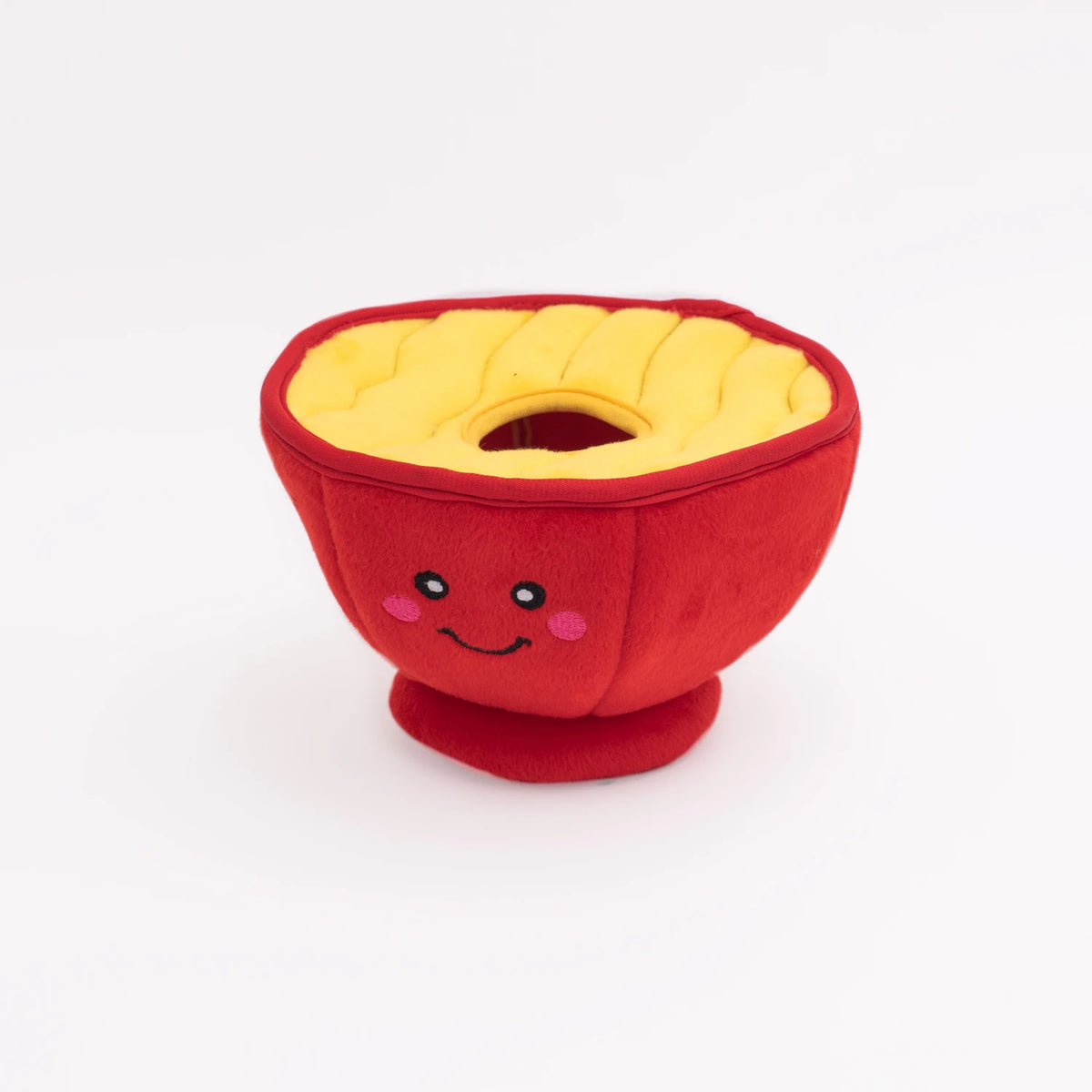 The plush ramen bowl from the Zippy Paws Burrow dog toy, shown empty