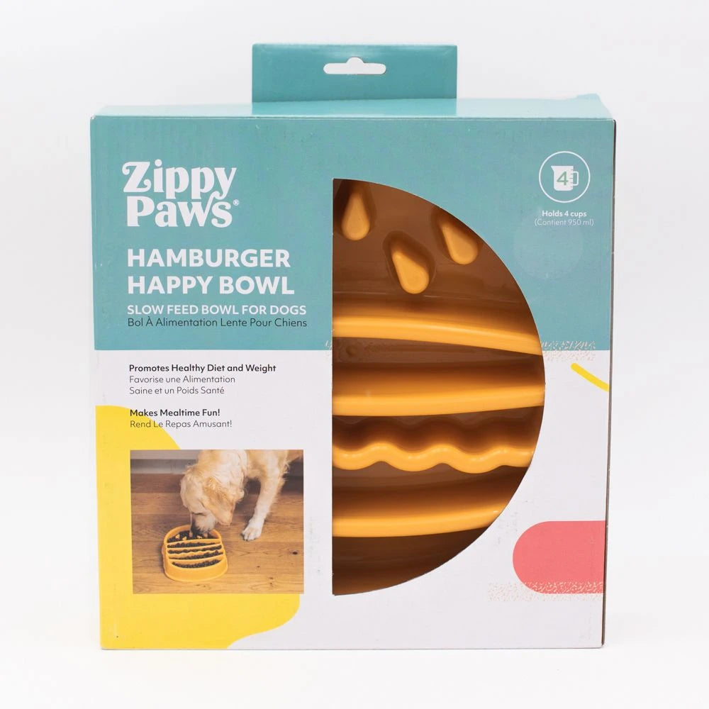Zippy Paws Hamburger Happy Bowl slow feeder for dogs in its retail packaging