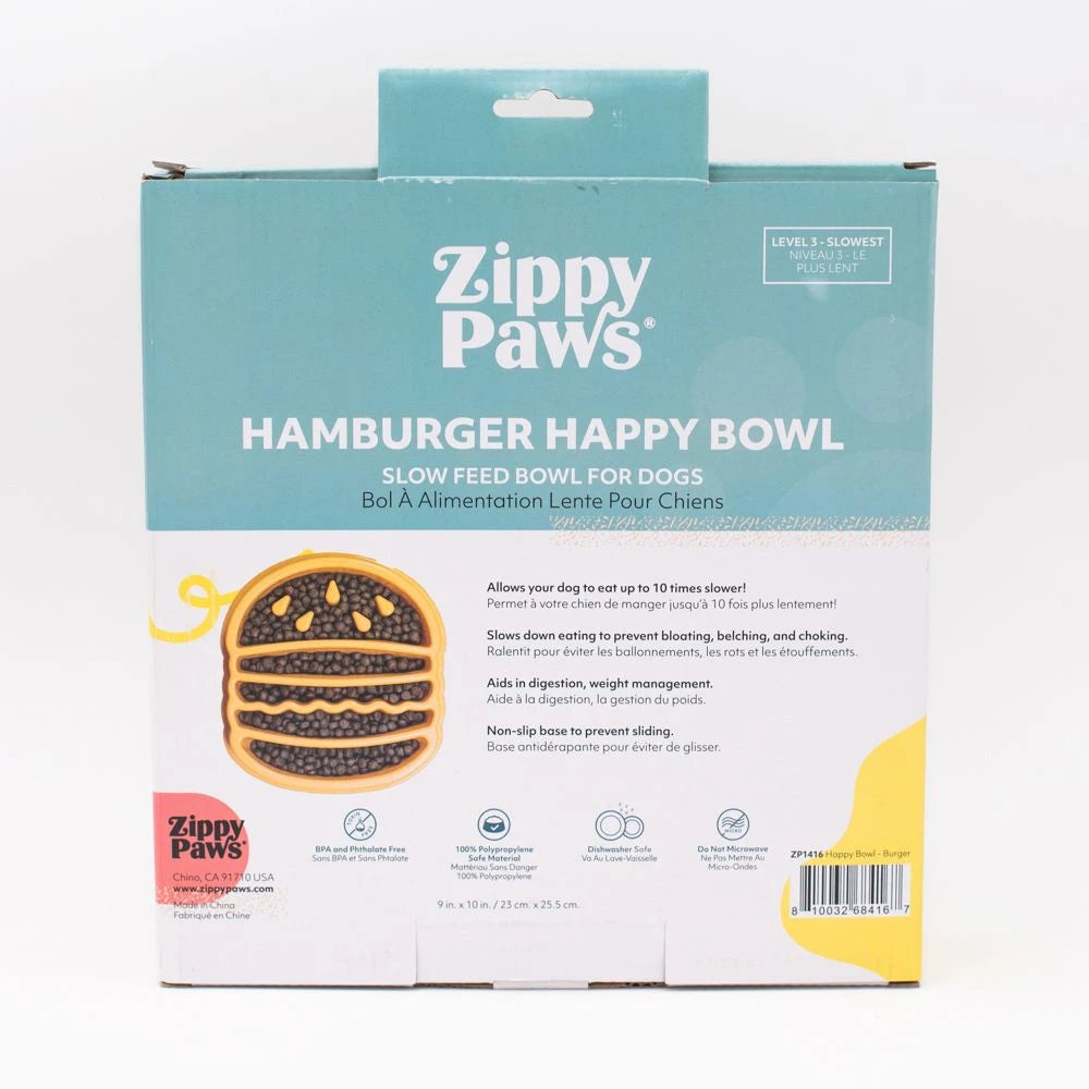 Back of the retail box for the Zippy Paws Hamburger Happy Bowl slow feeder