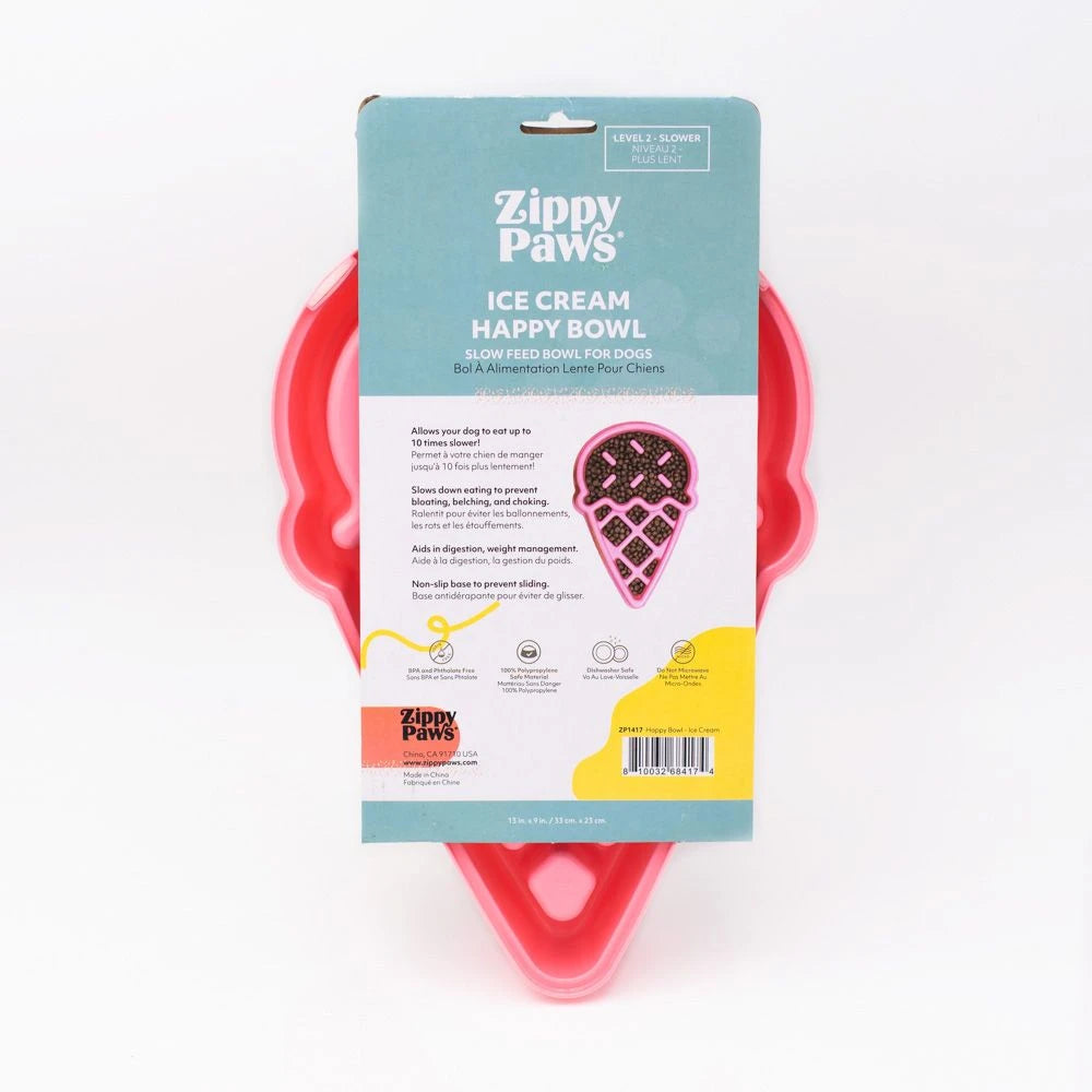 Back of the retail box for the Zippy Paws Ice Cream Happy Bowl slow feeder
