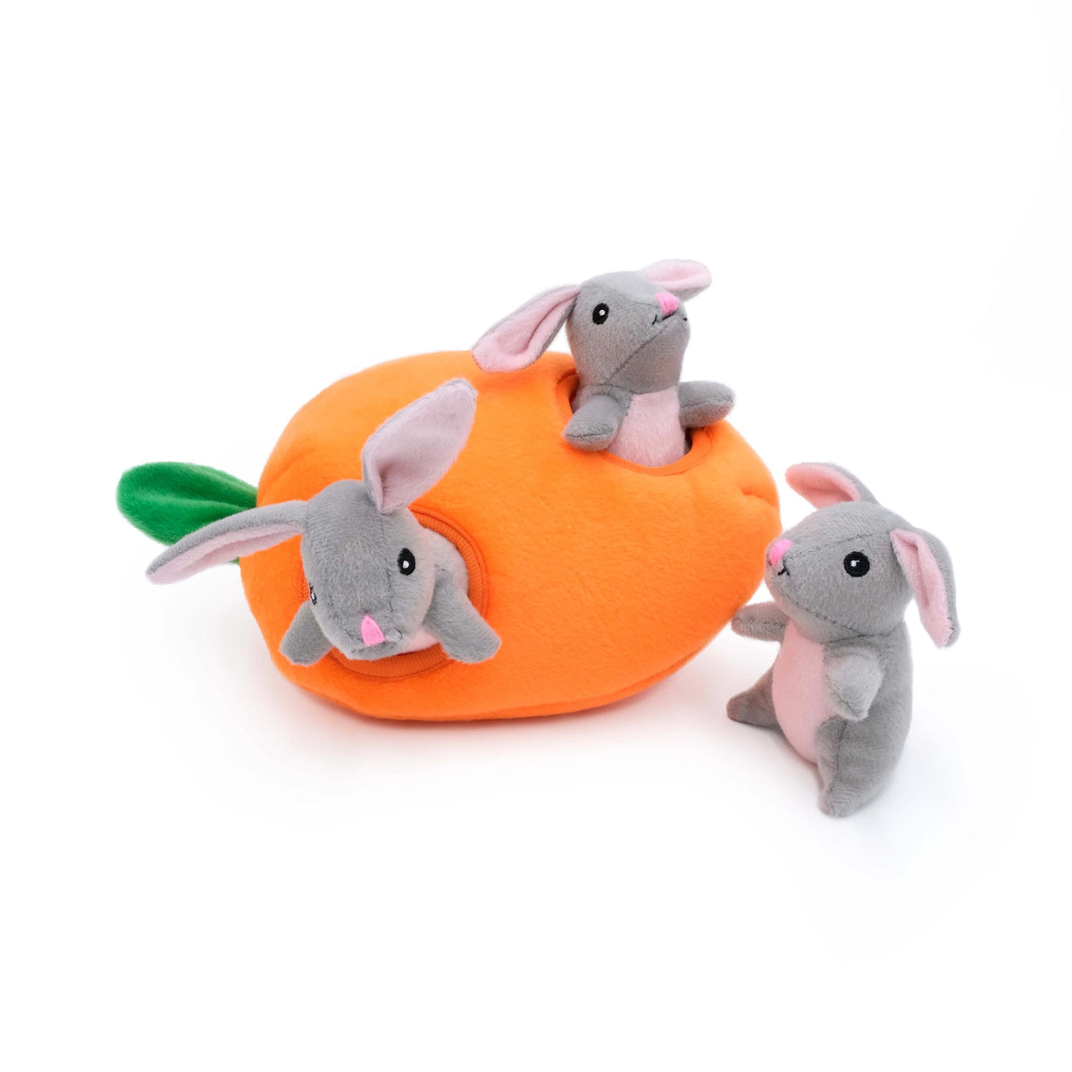 Zippy Paws Burrow carrot dog toy with squeaky bunnies popping out of the opening